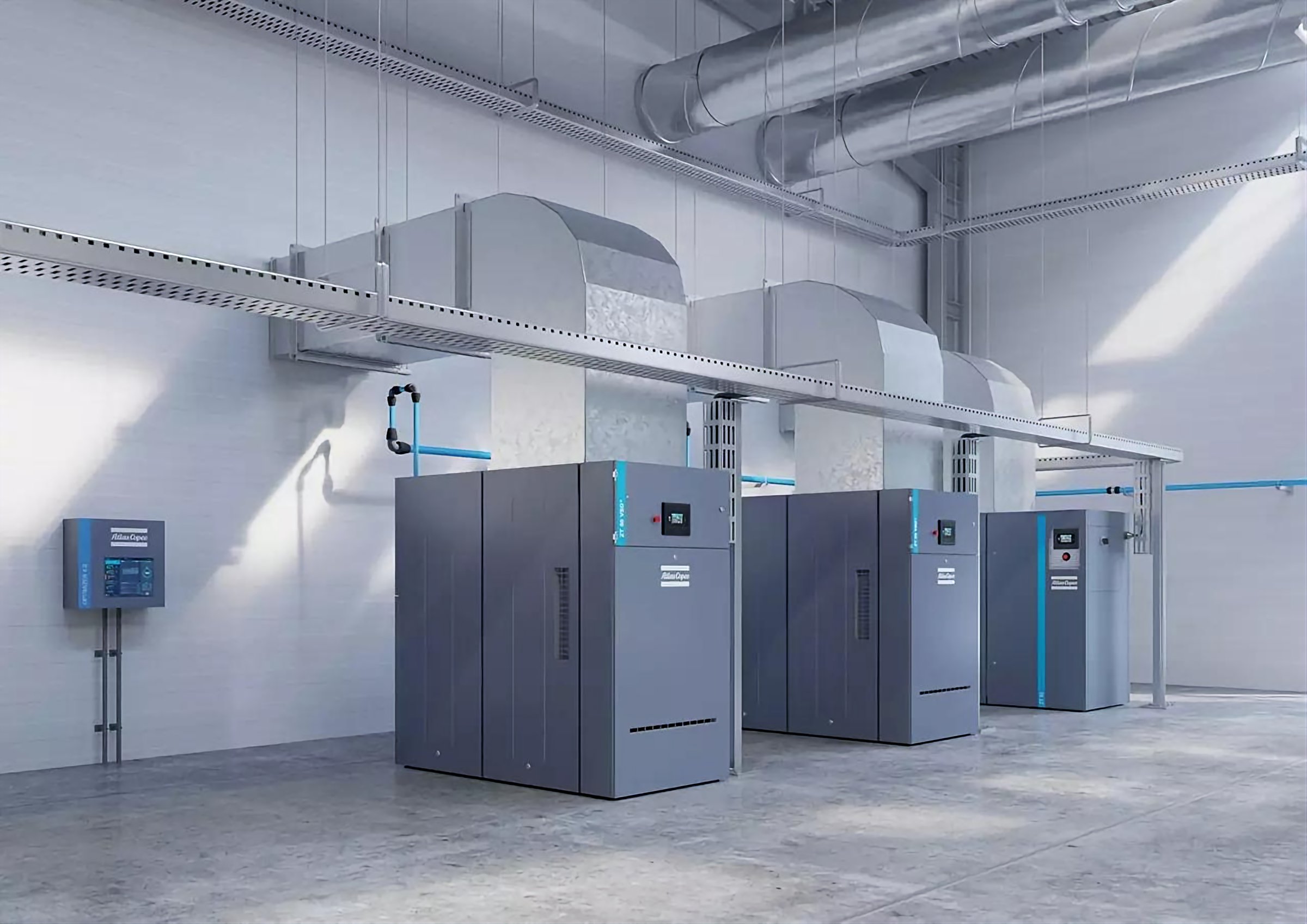 Atlas Copco oil-free compressors installed in a plant room